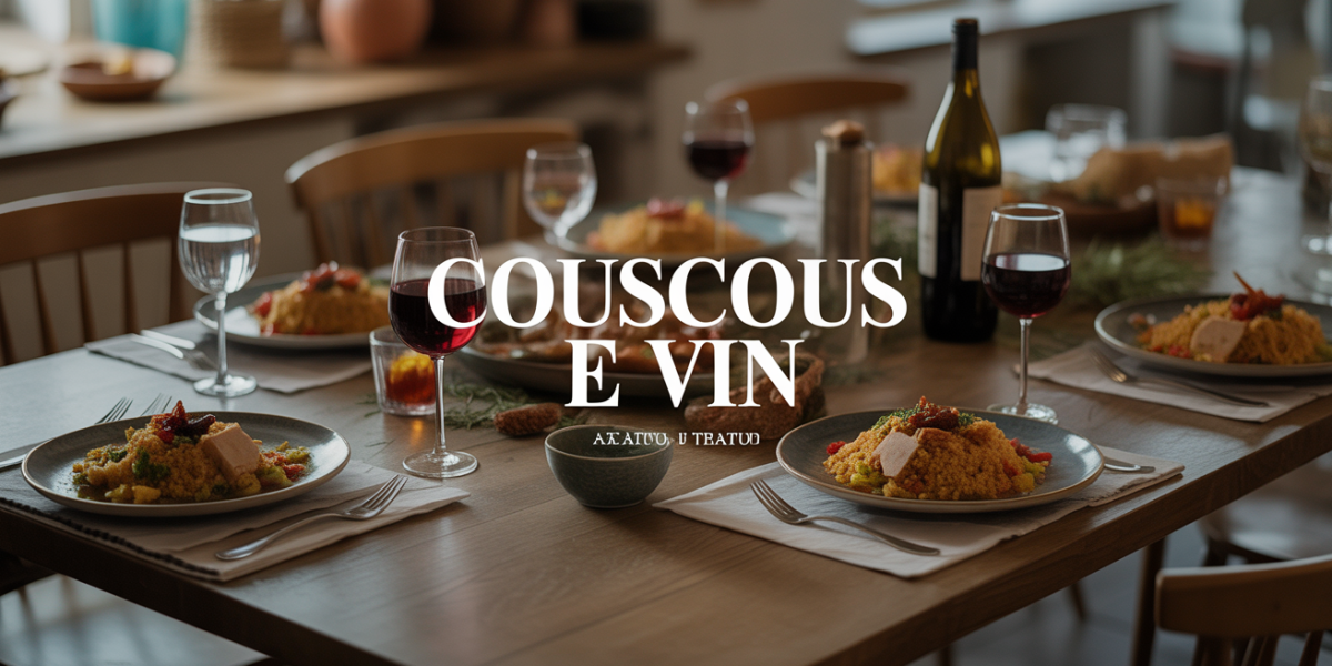 Vue du dessus d'une tablée avec couscous et verres de vin
