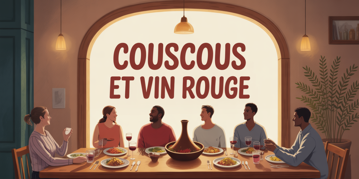 grande table couscous et verres vin rouge ambiance festive