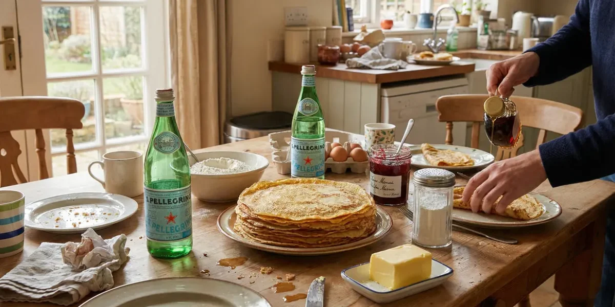Table conviviale avec crepes fines et eau gazeuse
