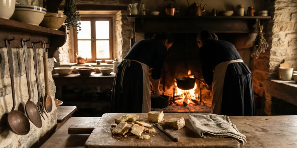 Croûtes de fromage triées en cuisine rustique village au matin
