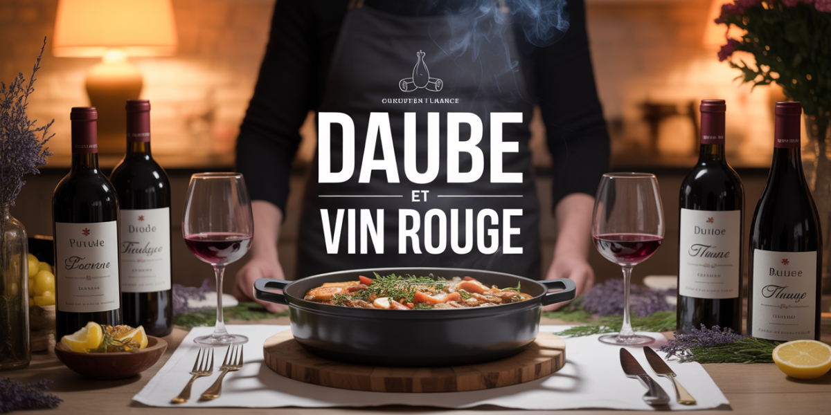 Grande cocotte daube entourée de vin rouge, lumière hiver