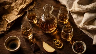 Digestifs après repas : eau-de-vie, liqueur, whisky, rhum en verres