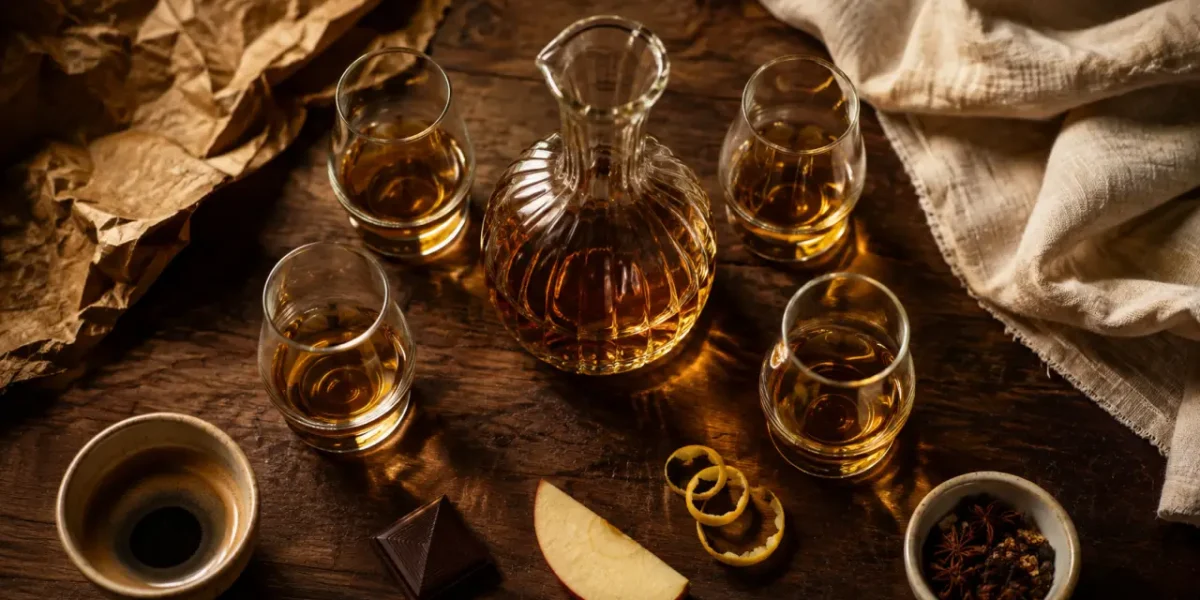 Digestifs après repas : eau-de-vie, liqueur, whisky, rhum en verres