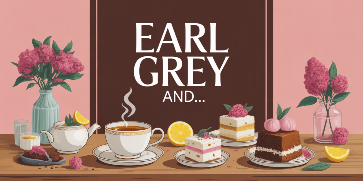 Table avec Earl Grey and théière, tasse fumante, bergamote et gâteaux