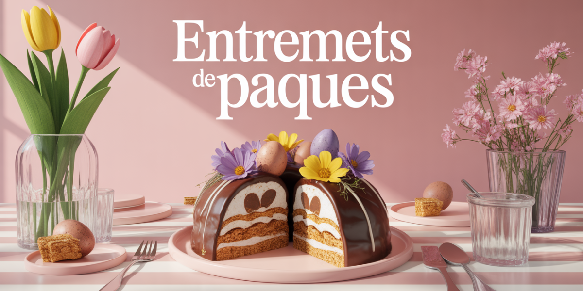 Entremets de Paques coupe avec œufs chocolat et fleurs sur table printaniere