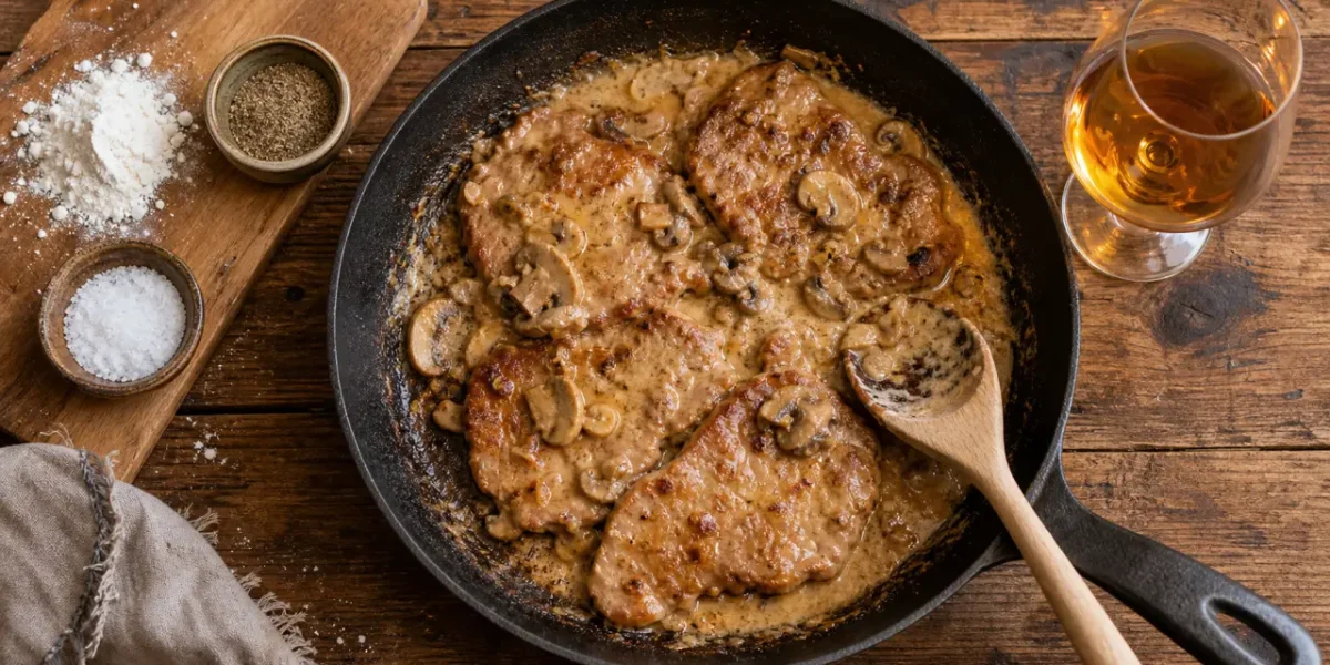 Escalope de veau flambée au cognac avec crème et champignons