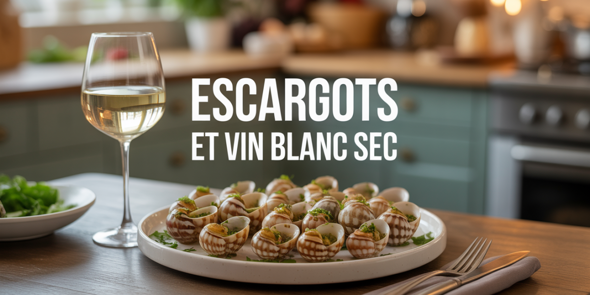 Escargots au beurre persillé avec verre de vin blanc sec sur une table chaleureuse