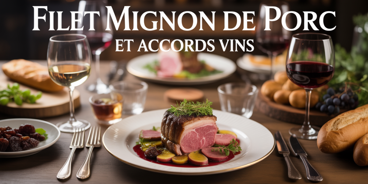 Filet mignon de porc doré sur table, verres de vin blanc et rouge, ambiance conviviale