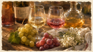 Floc de Gascogne blanc et rosé en verre tulipe avec raisins