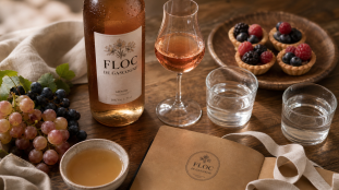 Floc de Gascogne : verres blanc rosé et rouge, tartelettes aux fruits rouges