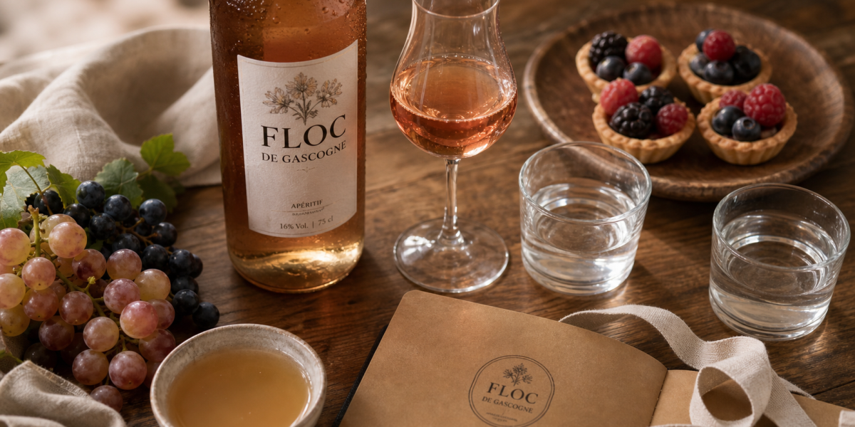Floc de Gascogne : verres blanc rosé et rouge, tartelettes aux fruits rouges