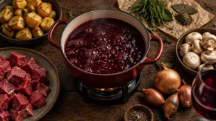 Fondue au vin rouge : caquelon en fonte avec vin rouge