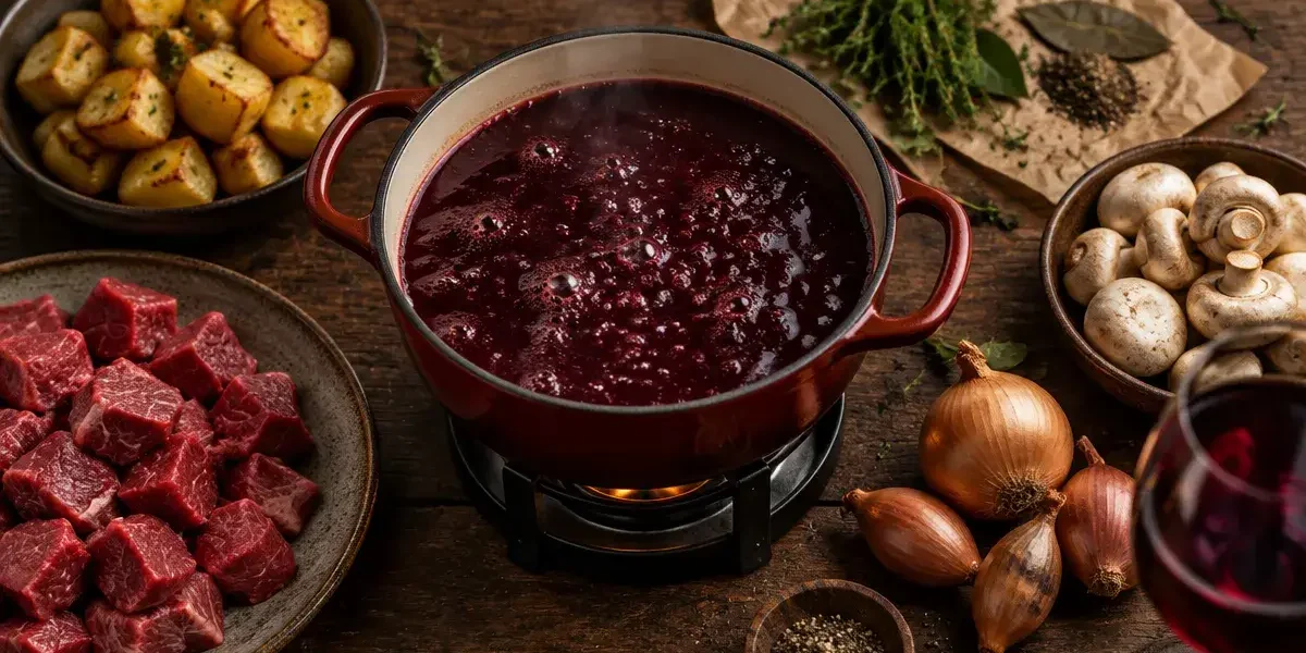 Fondue au vin rouge : caquelon en fonte avec vin rouge