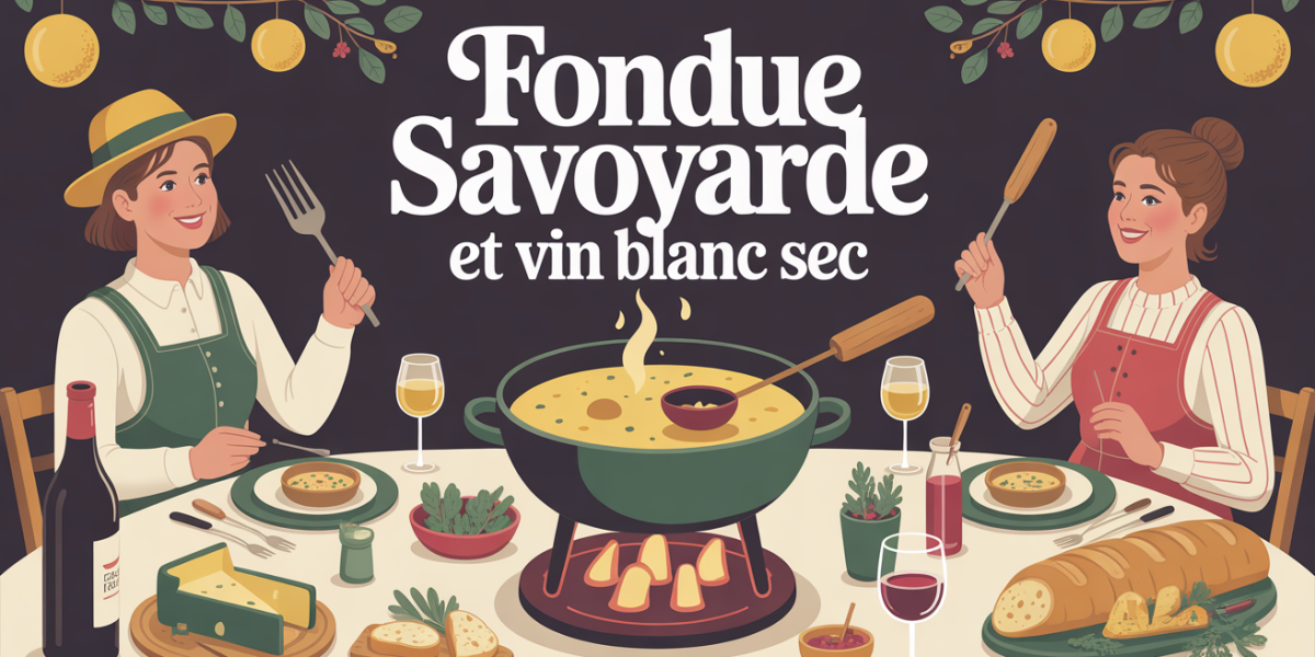 Fondue savoyarde bouillonnante avec vin blanc sec, ambiance fête alpine