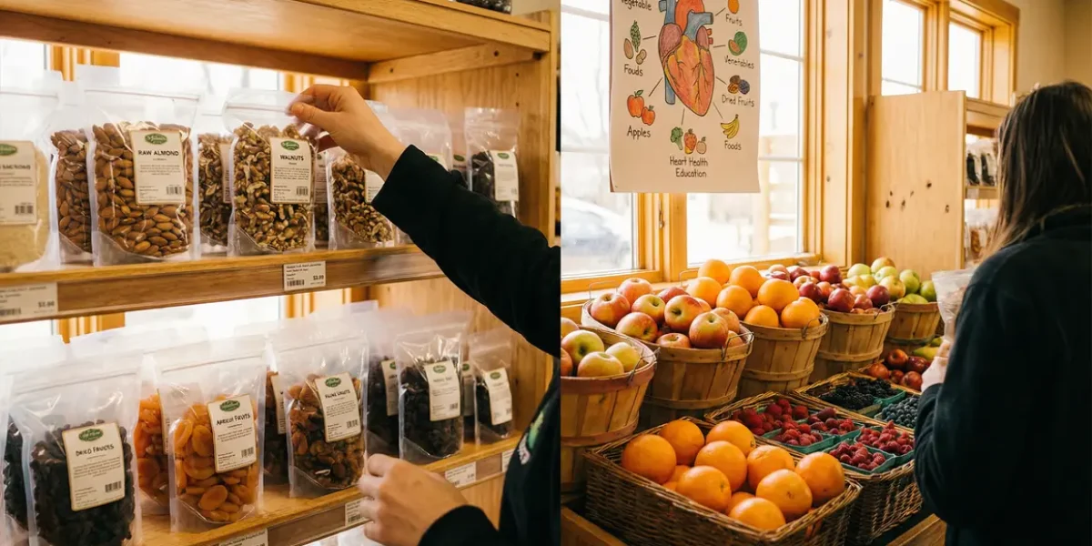 Rayon supermarche avec fruits secs et oleagineux naturelle, lien cholesterol