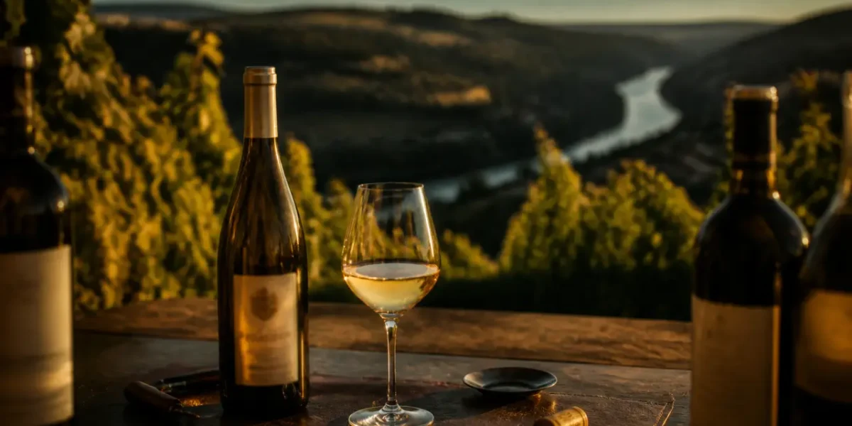 Gaillac vin : bouteille de vin blanc et verre sur table, ceps en arrière-plan