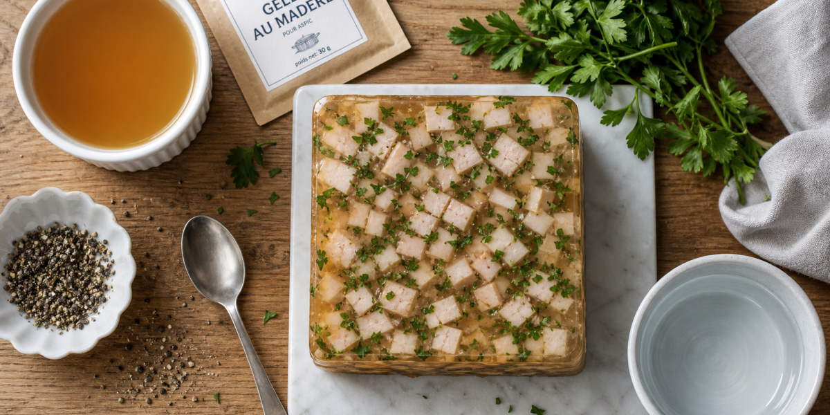 Gelée au madère en terrine, tranches et persil sous gelée