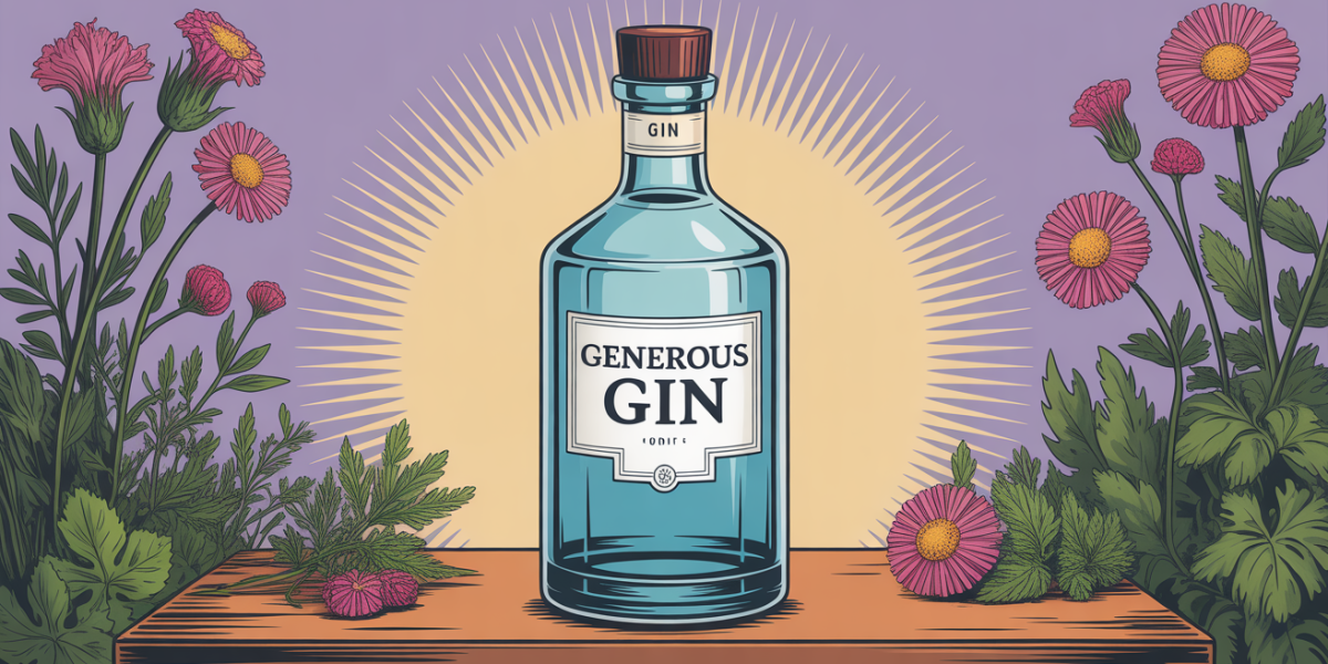 Bouteille Generous Gin éclat stylisé table bois herbes fleurs