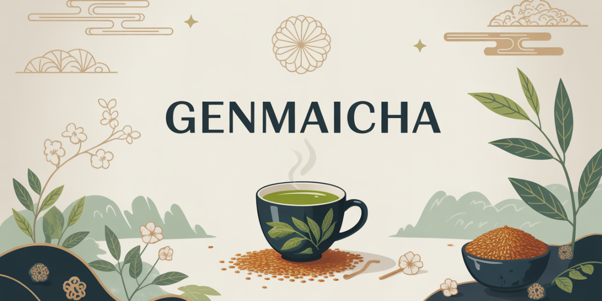 Tasse genmaicha fumante riz brun feuilles japon