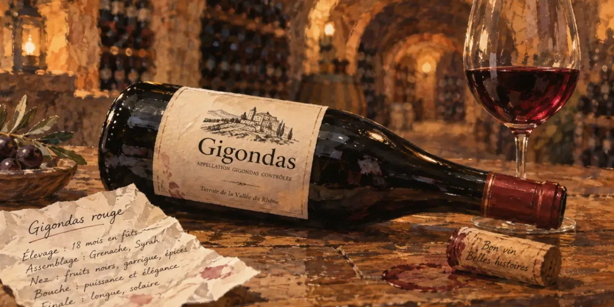 Gigondas vin rouge : bouteille sombre et verre à vin
