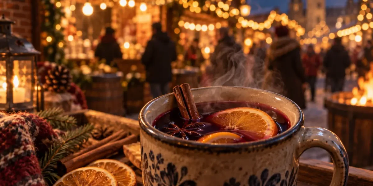 Glühwein fumant en tasse, cannelle et orange sur plateau bois