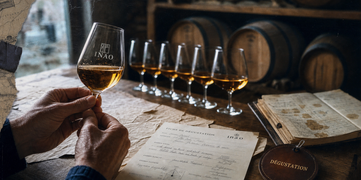 Gouteur de vin en dégustation : verres INAO et fiche sensorielle