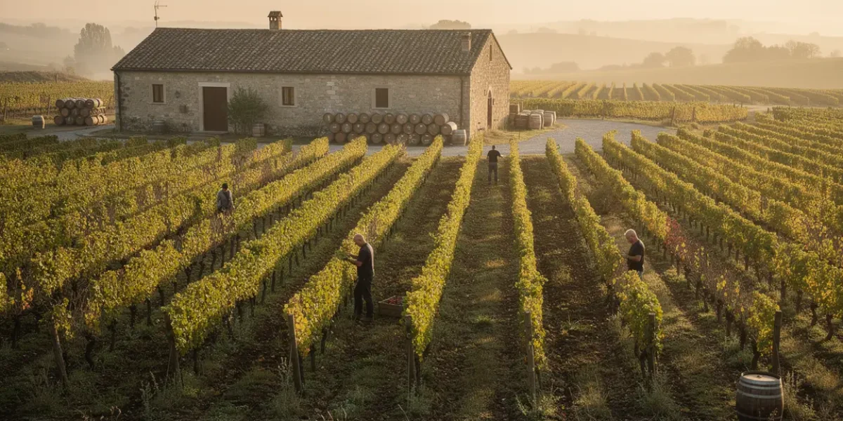 vignoble lever soleil chai tradition silhouette vignerons barriques