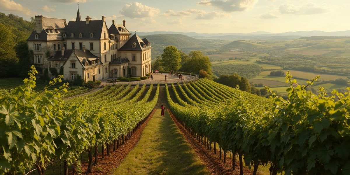 vin en France : vignoble français avec des bouteilles de vin et des grappes de raisin
