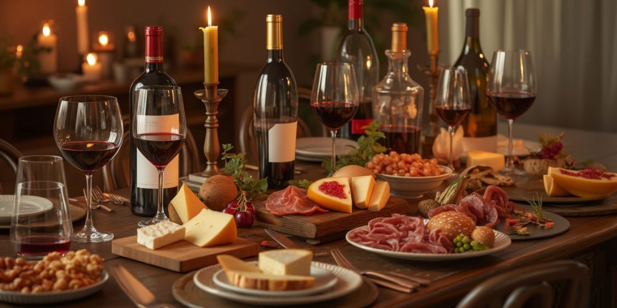 soirée dégustation vin : table élégamment dressée avec plusieurs verres de vin et bouteilles