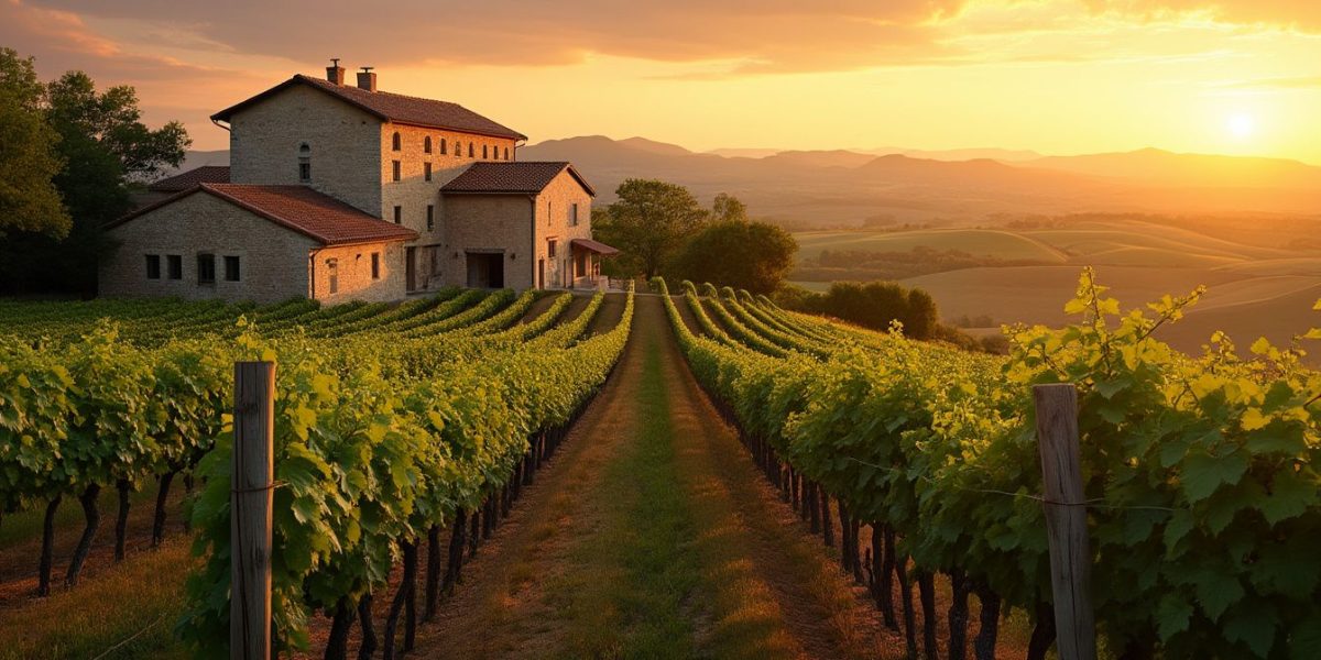 vin : vignoble historique en France montrant des rangées de vignes et une ancienne cave à vin