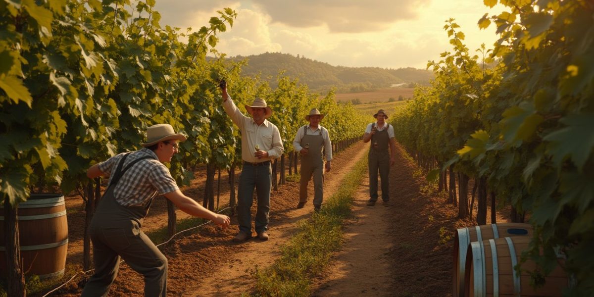 métiers du vin : personnes travaillant dans une vigne et dégustant du vin