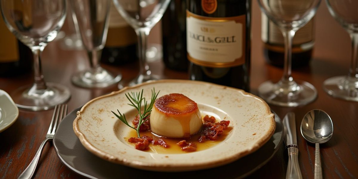 vin et foie gras : bouteille de vin avec un plat de foie gras sur une table élégante