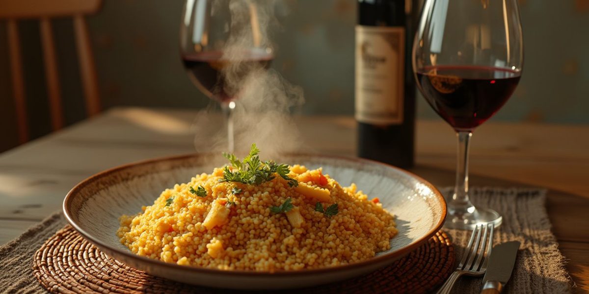 accords mets-vins couscous : bouteille de vin avec un plat de couscous épicé