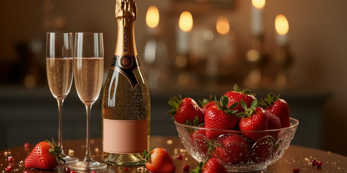 champagne et fraises : un verre de champagne accompagné de fraises fraîches