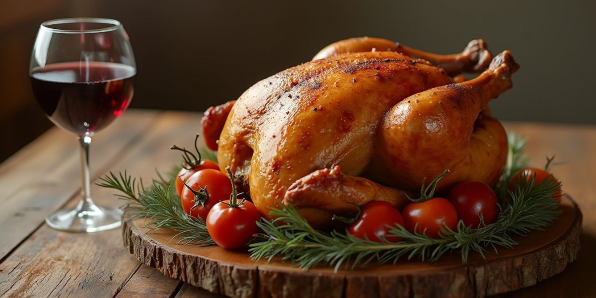 vin pour poulet rôti : bouteille de vin rouge et blanc à côté d'un poulet rôti doré