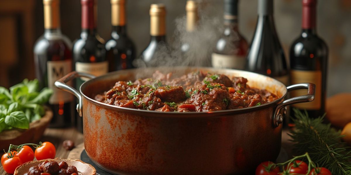 vin pour bœuf bourguignon : bouteille de vin rouge et plat de bœuf bourguignon