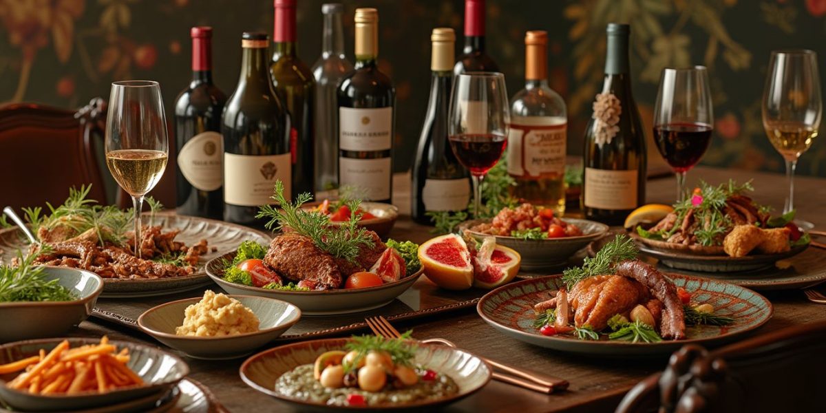 accords mets-vins : bouteilles de vin et plats exotiques colorés