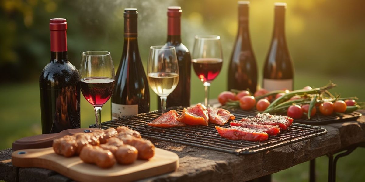 vin et grillades : bouteille de vin rouge et assiette de grillades