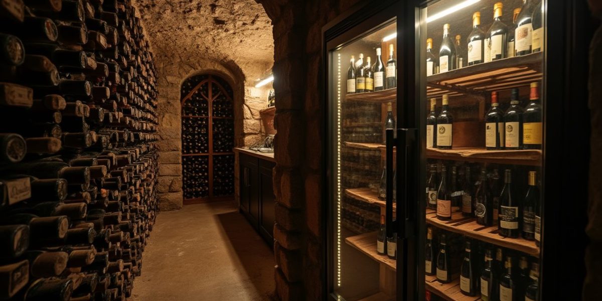 caves à vin : rangée de caves à vin avec bouteilles conservées