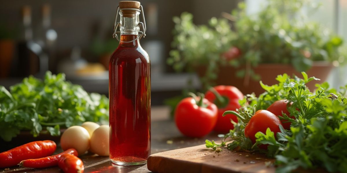 vinaigre de vin : bouteille de vinaigre de vin sur une table de cuisine avec des ingrédients