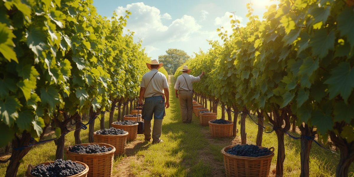 vendanges : récolte de raisins à la main dans un vignoble