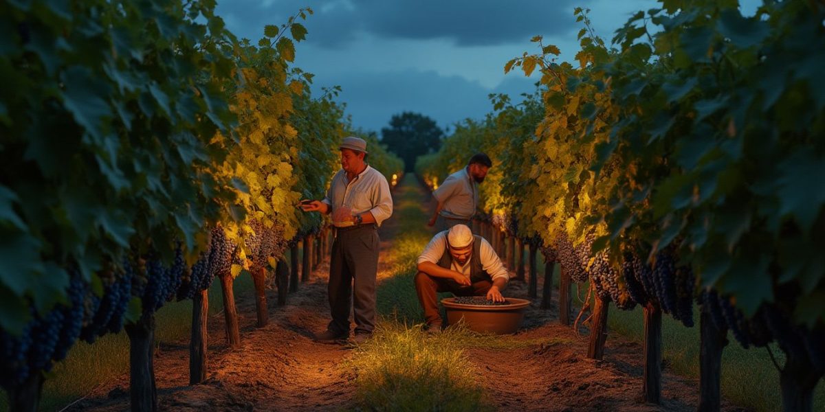 vendanges nocturnes : récolte des raisins la nuit dans un vignoble