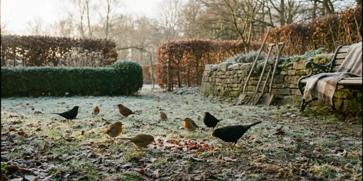 Jardin hivernal européen avec merles et rouges-gorges mangeant des raisins secs