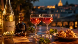 k.i.r bourguignon blanc-cassis : verres de Kir rosé et crème de cassis