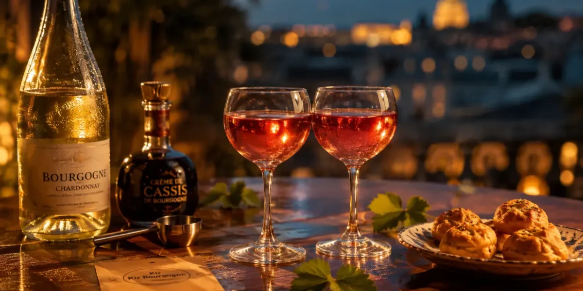 k.i.r bourguignon blanc-cassis : verres de Kir rosé et crème de cassis