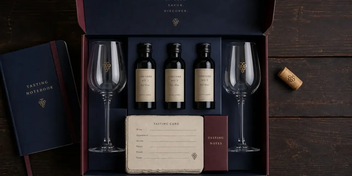 Kit dégustation vin : coffret ouvert, verres et fiches de dégustation