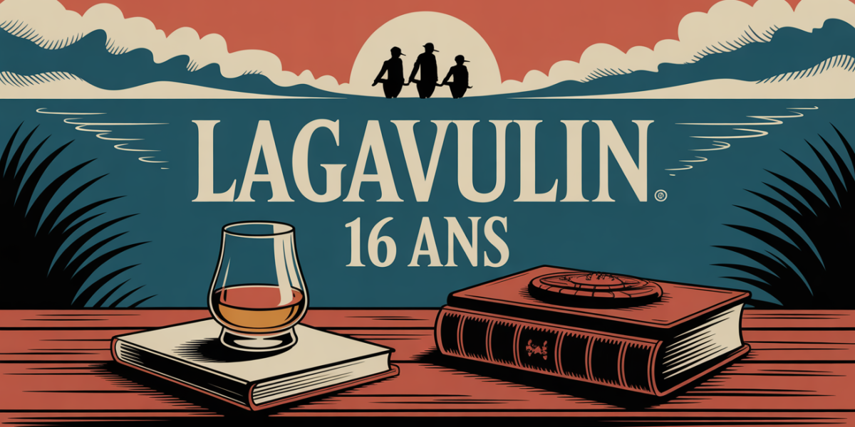 Lagavulin 16 ans verre de whisky sur table bois et brume