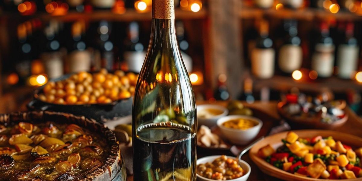 accords mets et vins : une table dressée avec une bouteille de vin et un plat assorti