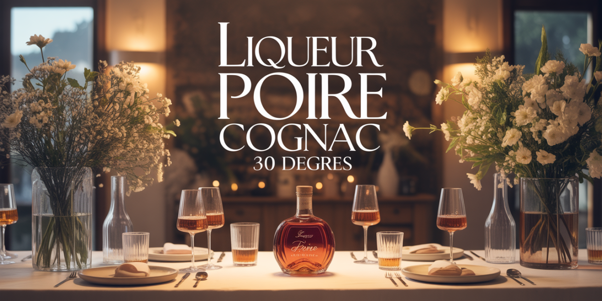 Scène de réception élégante avec liqueur Poire Cognac 30 degrés sur grande table décorée