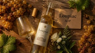 Loupiac vin blanc, bouteille et raisins dorés, style liquoreux